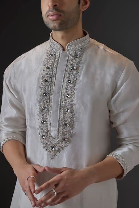Buy_Mukti And Kavith Casa_Silver Tissue Embroidery, Stones Maharaja Kurta And Palazzo Set _Online_at_Aza_Fashions