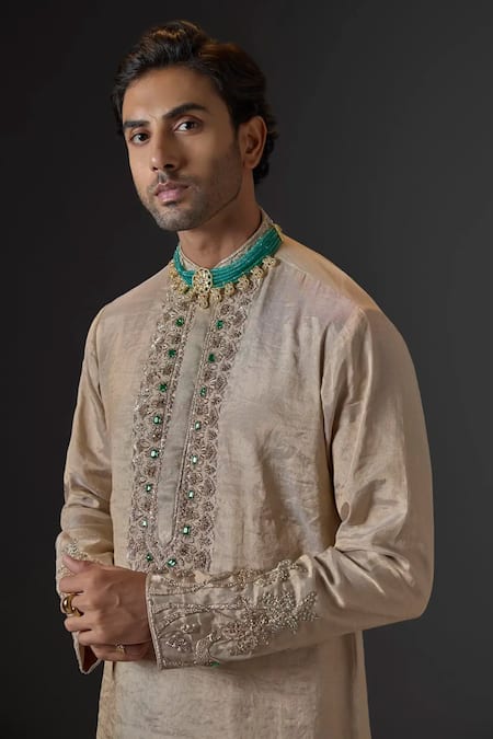 Mukti And Kavith Casa_Gold Chanderi Embroidery, Stones, Metallic Thread Kurta And Palazzo Set _Online_at_Aza_Fashions