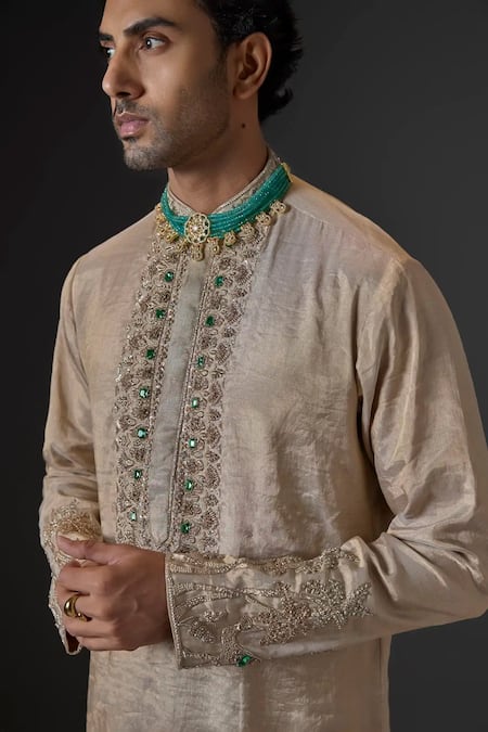 Buy_Mukti And Kavith Casa_Gold Chanderi Embroidery, Stones, Metallic Thread Kurta And Palazzo Set _Online_at_Aza_Fashions