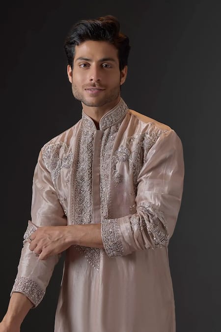 Mukti And Kavith Casa_Pink Tissue Sequins, Stones, Embroidery Golden Splendor Kurta And Palazzo Set _Online_at_Aza_Fashions