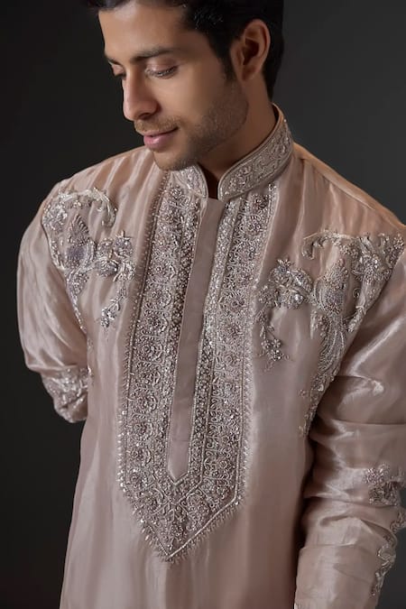 Buy_Mukti And Kavith Casa_Pink Tissue Sequins, Stones, Embroidery Golden Splendor Kurta And Palazzo Set _Online_at_Aza_Fashions