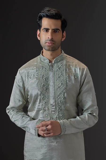 Mukti And Kavith Casa_Green Chanderi Embroidery, Mirrors, Sequins Kurta And Palazzo Set _Online_at_Aza_Fashions