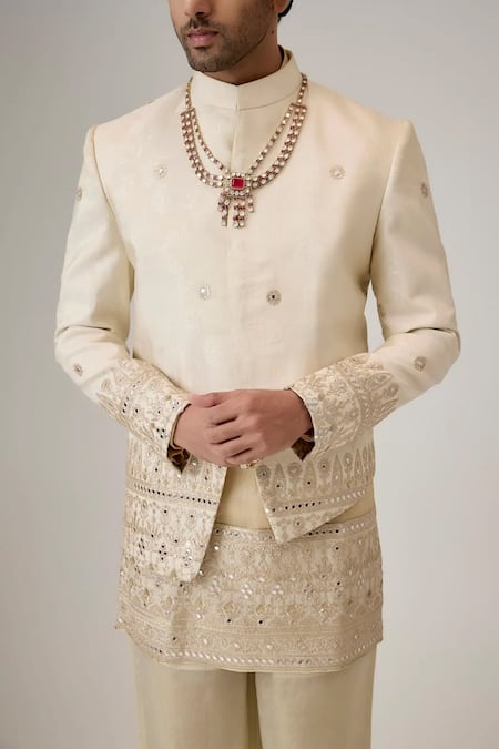 Shop_Mukti And Kavith Casa_Cream Jacquard Embroidery, Mirrors The Maharaja Bandhgala Set _Online_at_Aza_Fashions
