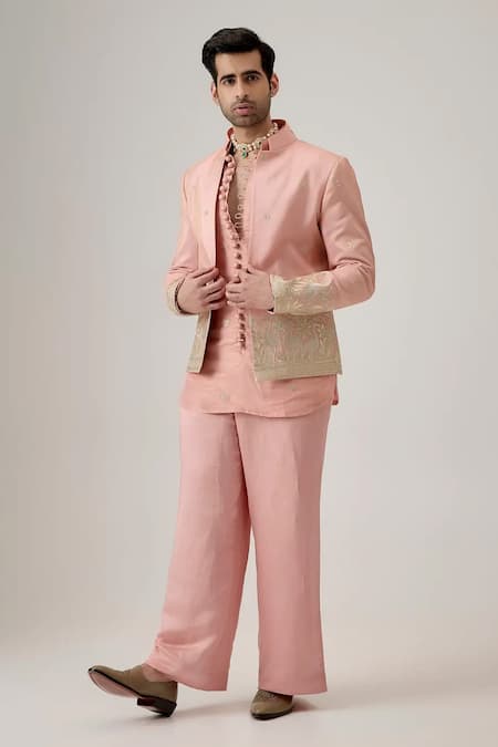 Mukti And Kavith Casa_Pink Tissue, Silk Embroidery, Zari Bandhgala Set _Online_at_Aza_Fashions