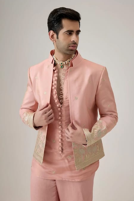 Buy_Mukti And Kavith Casa_Pink Tissue, Silk Embroidery, Zari Bandhgala Set _Online_at_Aza_Fashions