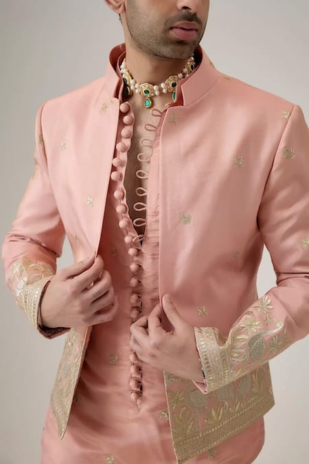 Shop_Mukti And Kavith Casa_Pink Tissue, Silk Embroidery, Zari Bandhgala Set _Online_at_Aza_Fashions