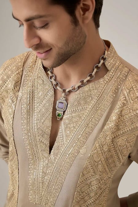 Buy_Mukti And Kavith Casa_Brown Embroidery, Sequins Booti Kurta And Palazzo Set _Online_at_Aza_Fashions