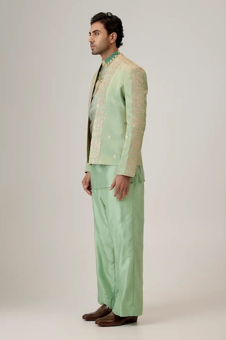 Mukti And Kavith Casa_Green Tissue, Silk Embroidery, Zari The Verdant Bloom Bandhgala Set _Online_at_Aza_Fashions