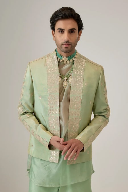 Buy_Mukti And Kavith Casa_Green Tissue, Silk Embroidery, Zari The Verdant Bloom Bandhgala Set _Online_at_Aza_Fashions