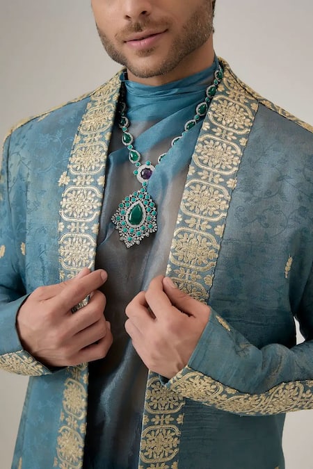 Mukti And Kavith Casa_Blue Silk Embroidery, Zari The Regal Booti Bandhgala Set _Online_at_Aza_Fashions