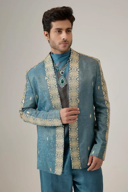 Buy_Mukti And Kavith Casa_Blue Silk Embroidery, Zari The Regal Booti Bandhgala Set _Online_at_Aza_Fashions