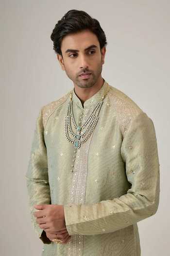 Mukti And Kavith Casa_Green Jacquard Embroidery, Metallic Thread The Spring Kurta And Palazzo Set _Online_at_Aza_Fashions
