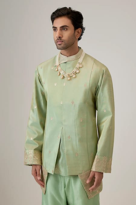 Buy_Mukti And Kavith Casa_Green Tissue, Silk Embroidery, Zari The Emerald Oasis Kurta And Palazzo Set _Online_at_Aza_Fashions