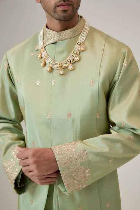 Shop_Mukti And Kavith Casa_Green Tissue, Silk Embroidery, Zari The Emerald Oasis Kurta And Palazzo Set _Online_at_Aza_Fashions