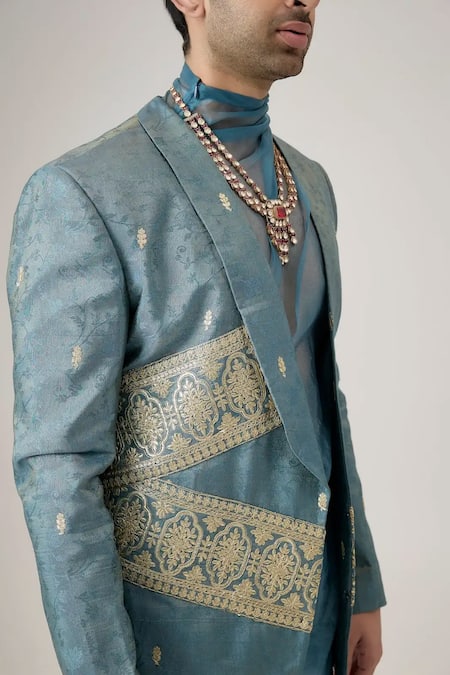 Buy_Mukti And Kavith Casa_Blue Silk Embroidery The Oceanic Royalty Bandhgala Set _Online_at_Aza_Fashions