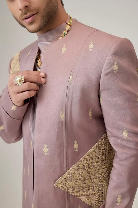 Buy_Mukti And Kavith Casa_Purple Embroidery, Zari The Rosewood Butti Work Bandhgala Set _Online_at_Aza_Fashions