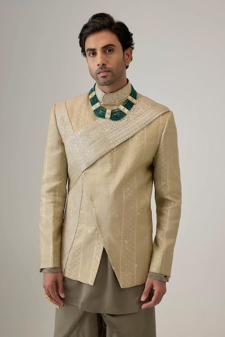 Mukti And Kavith Casa_Green Silk Metallic Thread, Embroidery The Golden Mirage Bandhgala Set _Online_at_Aza_Fashions