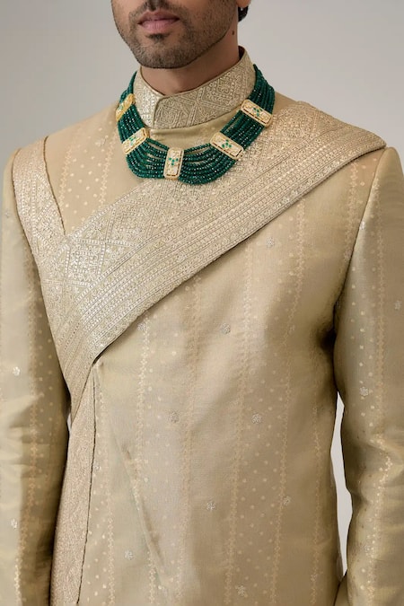 Buy_Mukti And Kavith Casa_Green Silk Metallic Thread, Embroidery The Golden Mirage Bandhgala Set _Online_at_Aza_Fashions