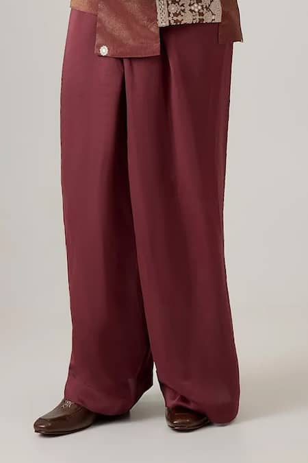 Mukti And Kavith Casa_Brown Jacquard Sequins, Embroidery The Crimson Scroll Work Bandhgala Set _Online_at_Aza_Fashions