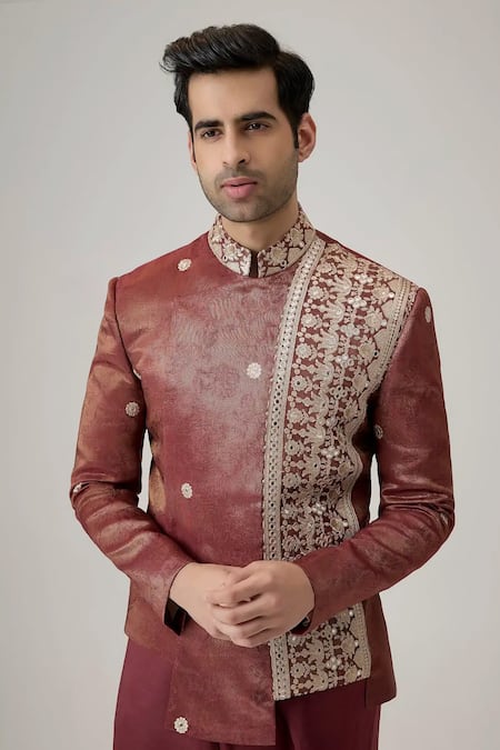 Buy_Mukti And Kavith Casa_Brown Jacquard Sequins, Embroidery The Crimson Scroll Work Bandhgala Set _Online_at_Aza_Fashions