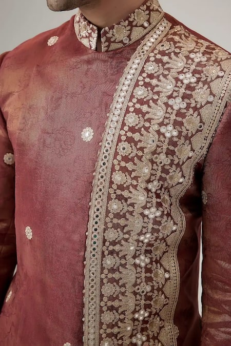 Shop_Mukti And Kavith Casa_Brown Jacquard Sequins, Embroidery The Crimson Scroll Work Bandhgala Set _Online_at_Aza_Fashions