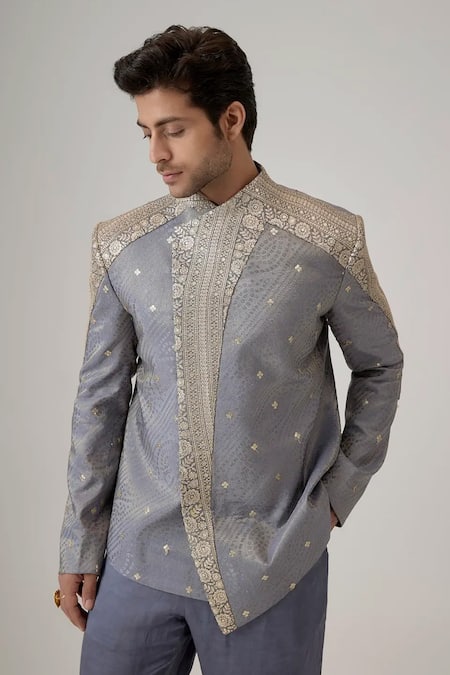 Mukti And Kavith Casa Grey Jacquard Embroidery, Zari Butti Work Bandhgala And Palazzo Set Online at Aza Fashions Mukti And Kavith Casa_Grey Jacquard Embroidery, Zari Butti Work Bandhgala And Palazzo Set _Online_at_Aza_Fashions