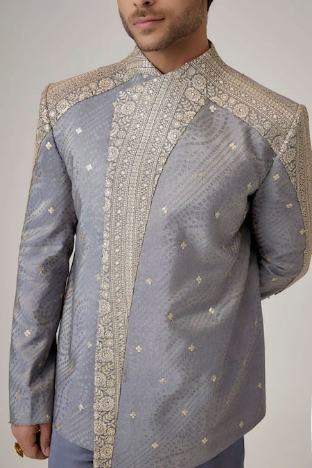 Buy Mukti And Kavith Casa Grey Jacquard Embroidery, Zari Butti Work Bandhgala And Palazzo Set Online at Aza Fashions Buy_Mukti And Kavith Casa_Grey Jacquard Embroidery, Zari Butti Work Bandhgala And Palazzo Set _Online_at_Aza_Fashions