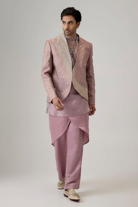 Mukti And Kavith Casa_Purple Jacquard Zari, Embroidery Midnight Work Bandhgala Set _Online_at_Aza_Fashions