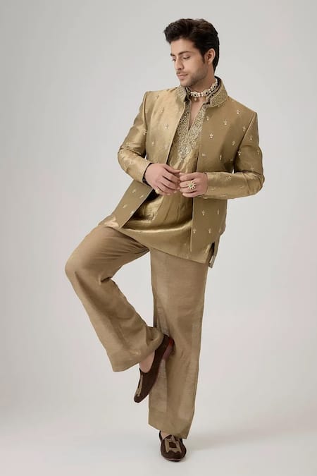 Mukti And Kavith Casa_Gold Tissue Zari, Embroidery The Heirloom Bandhgala Set _Online_at_Aza_Fashions