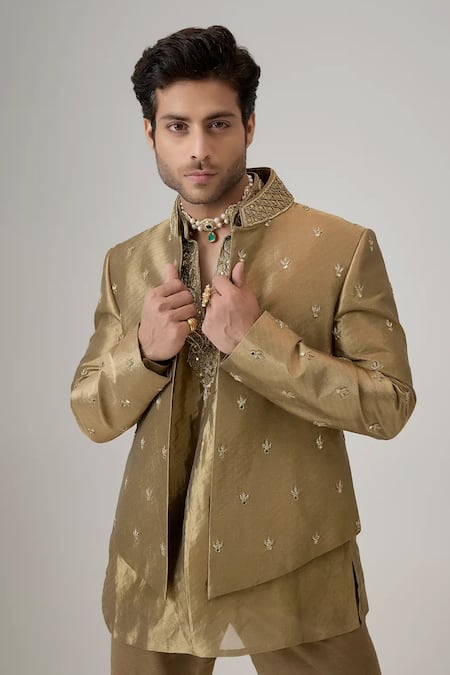 Buy_Mukti And Kavith Casa_Gold Tissue Zari, Embroidery The Heirloom Bandhgala Set _Online_at_Aza_Fashions