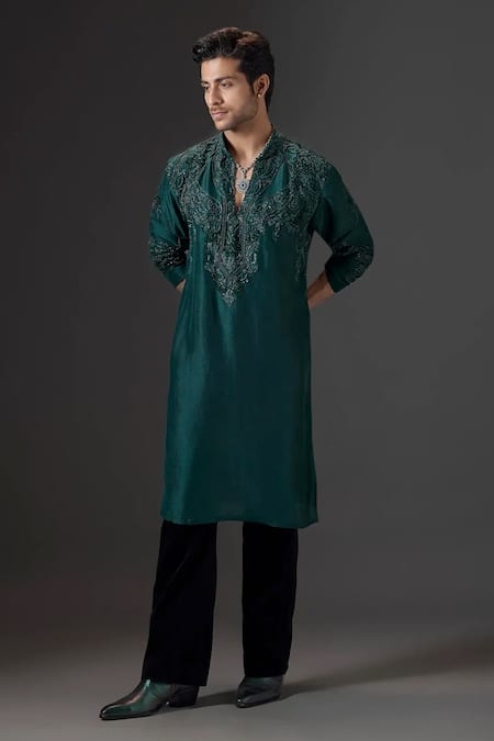 Mukti And Kavith Casa_Green Silk Embroidery, Sequins Kora Kurta And Palazzo Set _Online_at_Aza_Fashions
