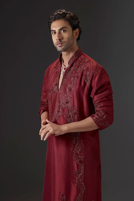 Mukti And Kavith Casa Red Silk Embroidery, Sequins, Beads Emerald Enigma Kurta And Palazzo Set Online at Aza Fashions Mukti And Kavith Casa_Red Silk Embroidery, Sequins, Beads Emerald Enigma Kurta And Palazzo Set _Online_at_Aza_Fashions