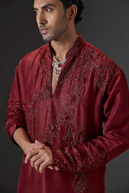 Buy Mukti And Kavith Casa Red Silk Embroidery, Sequins, Beads Emerald Enigma Kurta And Palazzo Set Online at Aza Fashions Buy_Mukti And Kavith Casa_Red Silk Embroidery, Sequins, Beads Emerald Enigma Kurta And Palazzo Set _Online_at_Aza_Fashions