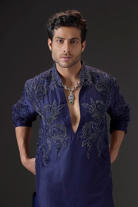 Mukti And Kavith Casa_Blue Silk, Velvet Embroidery, Beads Midnight Bloom Kurta And Palazzo Set _Online_at_Aza_Fashions