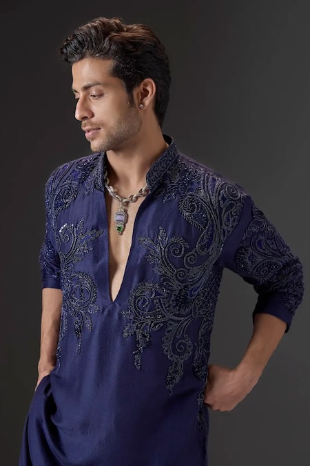 Buy_Mukti And Kavith Casa_Blue Silk, Velvet Embroidery, Beads Midnight Bloom Kurta And Palazzo Set _Online_at_Aza_Fashions
