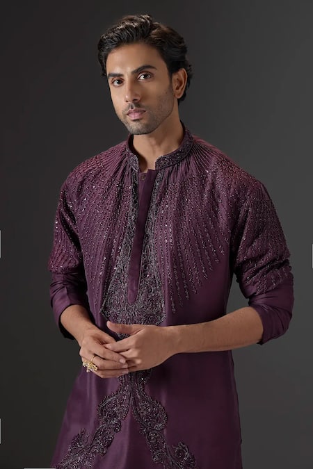 Mukti And Kavith Casa_Wine Silk, Velvet Beads, Embroidery Plum Dusk Kurta Set _Online_at_Aza_Fashions