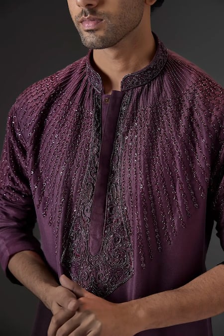 Buy_Mukti And Kavith Casa_Wine Silk, Velvet Beads, Embroidery Plum Dusk Kurta Set _Online_at_Aza_Fashions