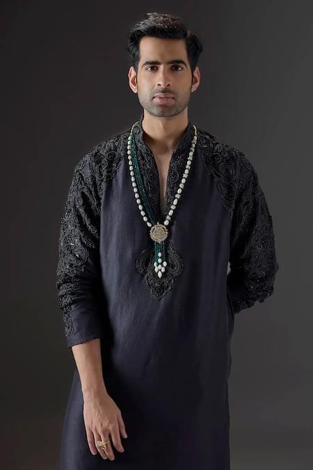 Mukti And Kavith Casa_Black Silk Embroidery, Sequins Obsidian Mirage Kurta Set _Online_at_Aza_Fashions