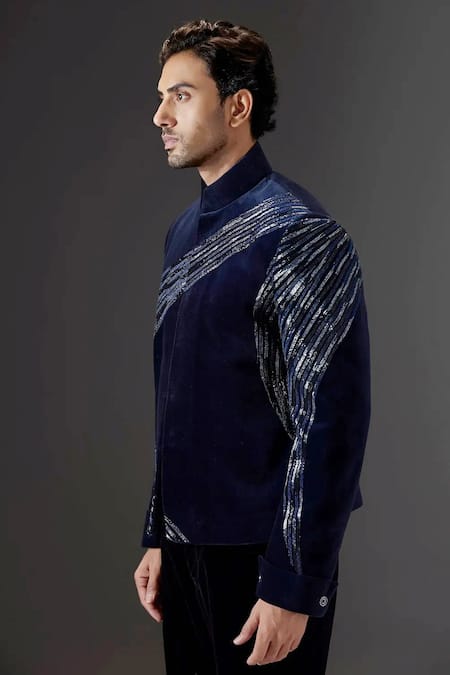 Mukti And Kavith Casa_Navy Cotton, Suede Sequins Midnight Abstract Embellished Bandgala Set _Online_at_Aza_Fashions