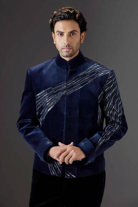 Buy_Mukti And Kavith Casa_Navy Cotton, Suede Sequins Midnight Abstract Embellished Bandgala Set _Online_at_Aza_Fashions