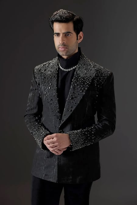 Buy_Mukti And Kavith Casa_Black Jacquard Beads, Sequins Midnight Majesty Embellished Tuxedo And Pant Set _Online_at_Aza_Fashions