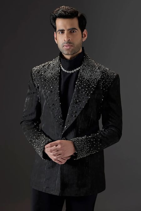 Shop_Mukti And Kavith Casa_Black Jacquard Beads, Sequins Midnight Majesty Embellished Tuxedo And Pant Set _Online_at_Aza_Fashions