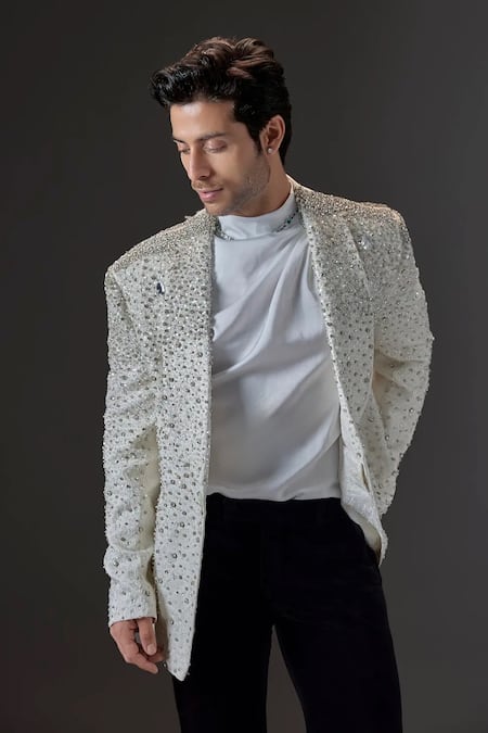 Mukti And Kavith Casa_Cream Jacquard Beads, Sequins Eclipse Crystal Embellished Tuxedo Set _Online_at_Aza_Fashions