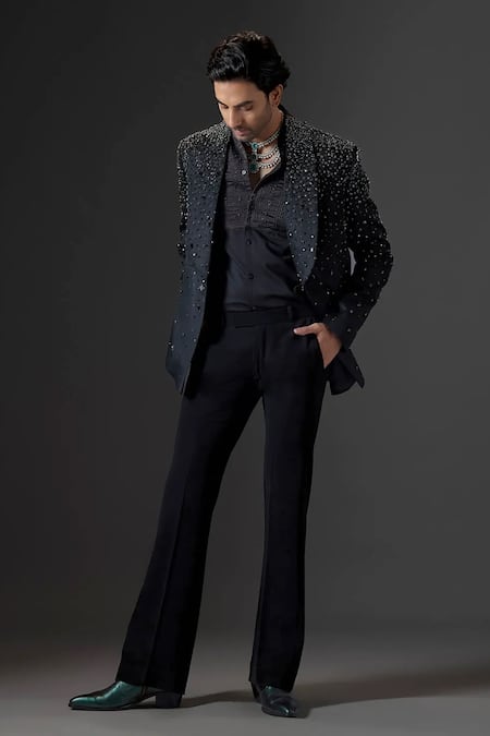 Mukti And Kavith Casa_Black Stones, Sequins Noir Tuxedo Set _Online_at_Aza_Fashions