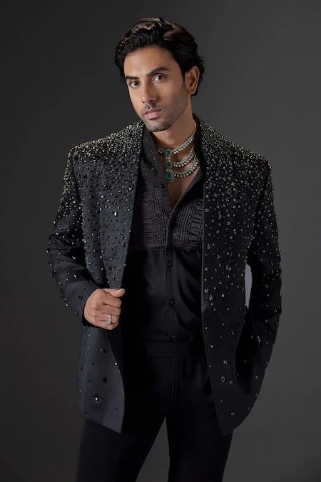 Buy_Mukti And Kavith Casa_Black Stones, Sequins Noir Tuxedo Set _Online_at_Aza_Fashions