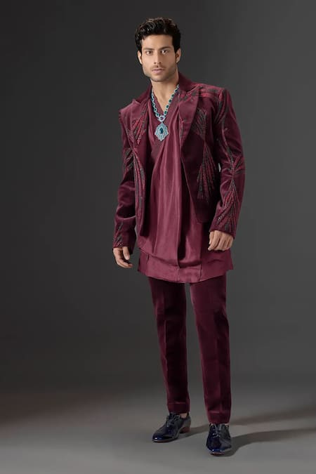 Mukti And Kavith Casa Imperial Garnet Embroidered Tuxedo & Pant Set 