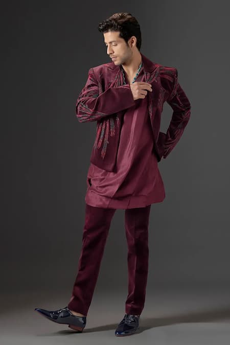 Mukti And Kavith Casa_Maroon Velvet Embroidery, Metallic Thread Imperial Garnet Tuxedo And Pant Set _Online_at_Aza_Fashions