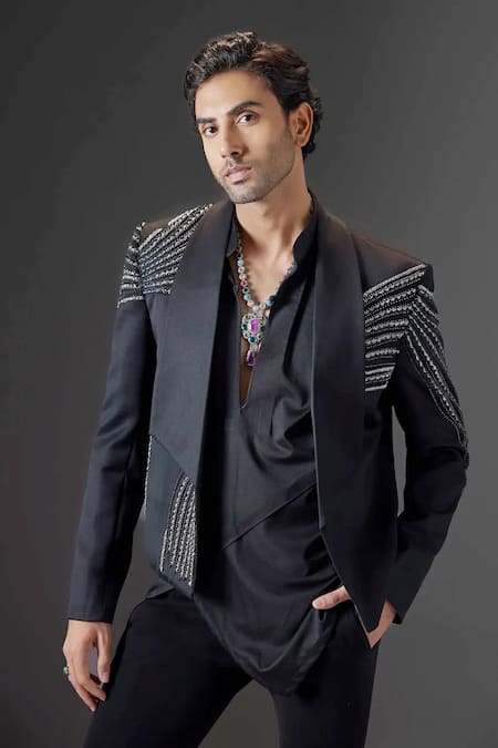 Mukti And Kavith Casa_Black Sequins, Embroidery The Regal Ember Embellished Tuxedo Set _Online_at_Aza_Fashions