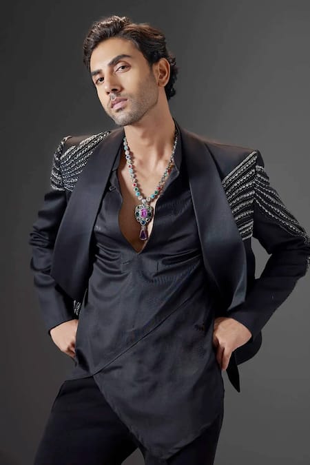 Buy_Mukti And Kavith Casa_Black Sequins, Embroidery The Regal Ember Embellished Tuxedo Set _Online_at_Aza_Fashions