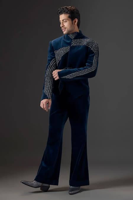 Mukti And Kavith Casa Navy Suede, Cotton, Velvet The Neptunes Embrace Embellished Tuxedo And Pant Set Online at Aza Fashions Mukti And Kavith Casa_Navy Suede, Cotton, Velvet The Neptunes Embrace Embellished Tuxedo And Pant Set _Online_at_Aza_Fashions